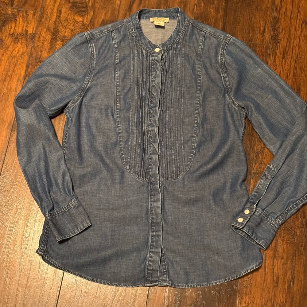 LUCKY BRAND SMALL CHAMBRAY DENIM TUXEDO BUTTON FRONT TOP BLOUSE SHIRT TENCEL